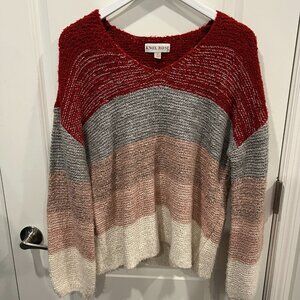 Target Knox Rose Red Pink Gray Cream Stripe V-Neck Sweater